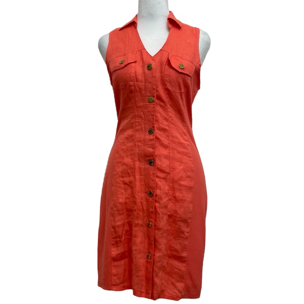 Guess Coral Orange Linen Sleeveless Snap Button Shirt Dress